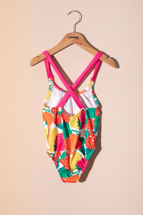 Pembe İp Askılı Meyve Desenli Kız Çocuk Mayo 21071