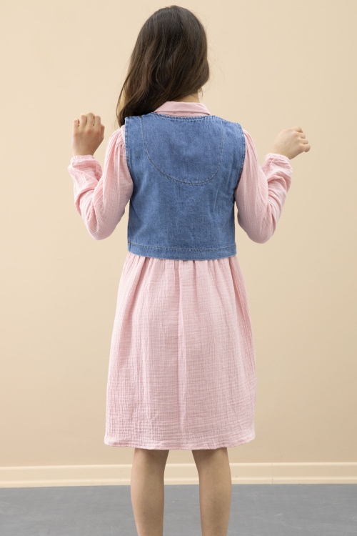 Pembe Jean Yelekli Uzun Kol Kız Çocuk 2li Müslin Elbise 20667