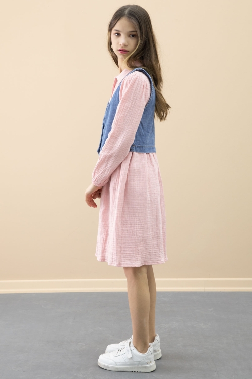 Pembe Jean Yelekli Uzun Kol Kız Çocuk 2li Müslin Elbise 20667