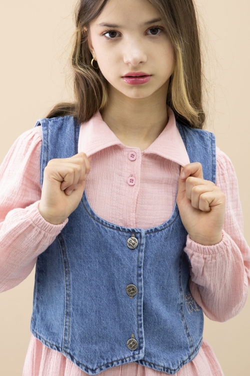 Pembe Jean Yelekli Uzun Kol Kız Çocuk 2li Müslin Elbise 20667