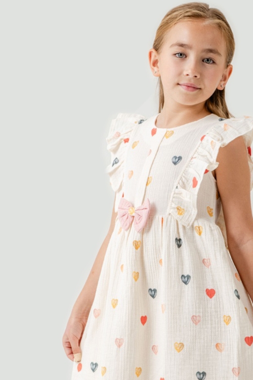 Pembe Kalp Baskılı Fiyonk Detaylı Müslin Kız Çocuk Elbise 21080