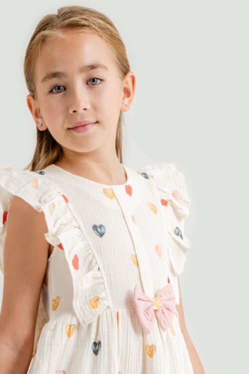 Pembe Kalp Baskılı Fiyonk Detaylı Müslin Kız Çocuk Elbise 21080