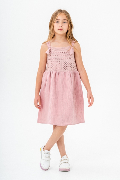 Pembe Dantel Detaylı Müslin Kız Çocuk Elbise 21084
