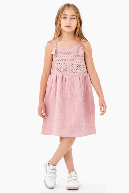 Pembe Dantel Detaylı Müslin Kız Çocuk Elbise 21084