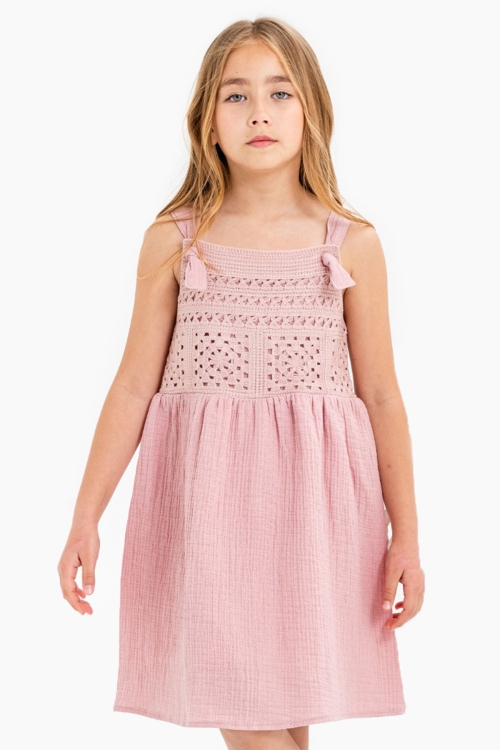 Pembe Dantel Detaylı Müslin Kız Çocuk Elbise 21084