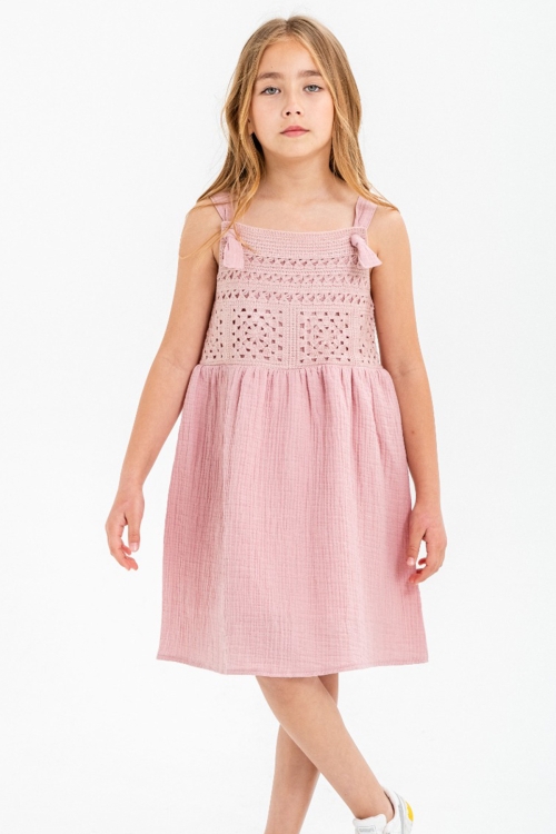 Pembe Dantel Detaylı Müslin Kız Çocuk Elbise 21084