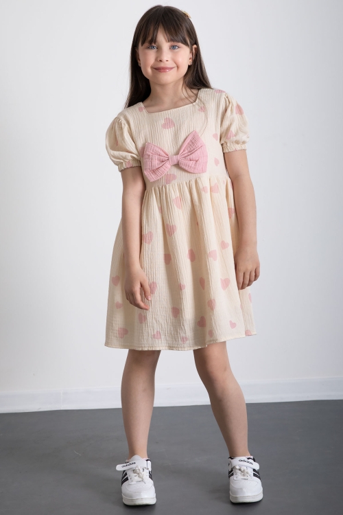 Pembe Kalp Desenli Fiyonklu Kısa Kol Kız Çocuk Müslin Elbise 20775