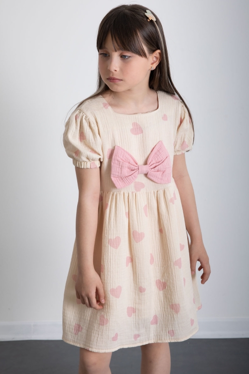 Pembe Kalp Desenli Fiyonklu Kısa Kol Kız Çocuk Müslin Elbise 20775