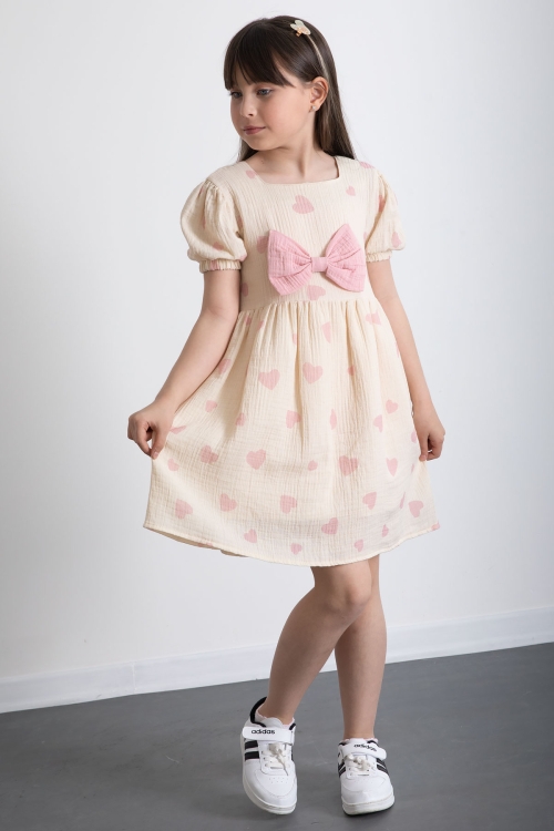 Pembe Kalp Desenli Fiyonklu Kısa Kol Kız Çocuk Müslin Elbise 20775