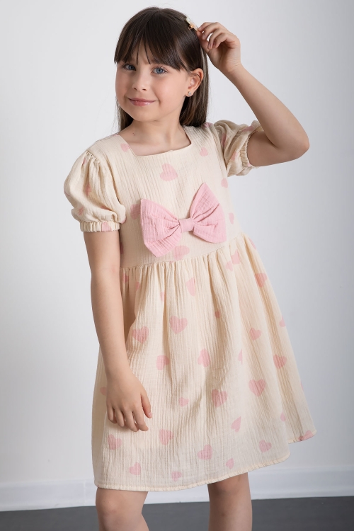 Pembe Kalp Desenli Fiyonklu Kısa Kol Kız Çocuk Müslin Elbise 20775