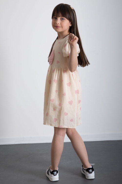 Pembe Kalp Desenli Fiyonklu Kısa Kol Kız Çocuk Müslin Elbise 20775
