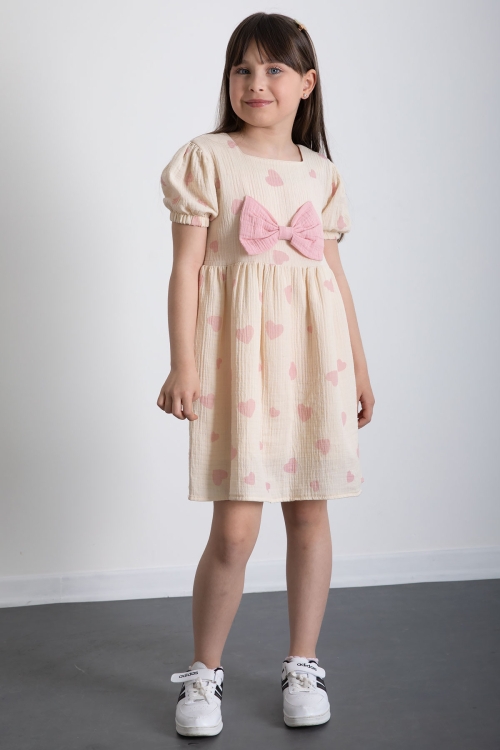 Pembe Kalp Desenli Fiyonklu Kısa Kol Kız Çocuk Müslin Elbise 20775