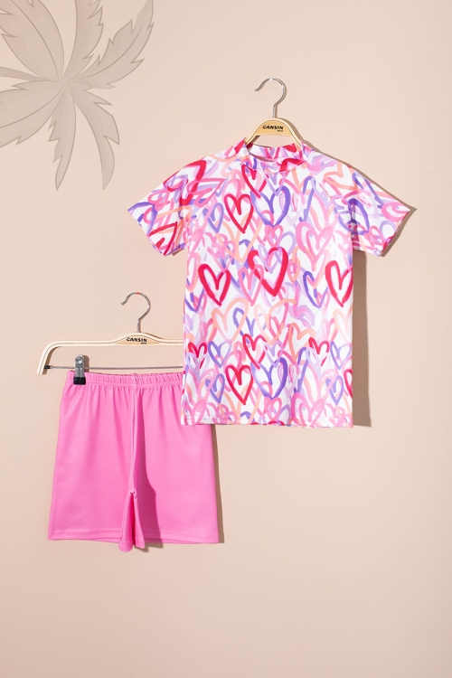 Pembe Kalp Desenli Kısa Kollu Kız Çocuk 2li Mayo Takımı 21073