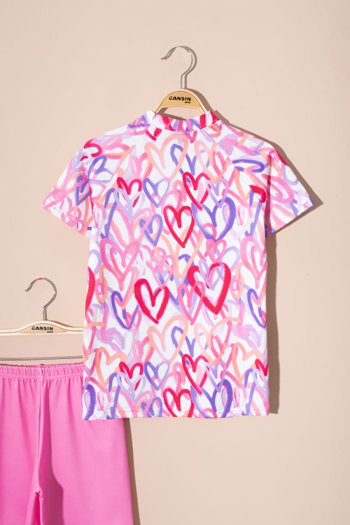 Pembe Kalp Desenli Kısa Kollu Kız Çocuk 2li Mayo Takımı 21073