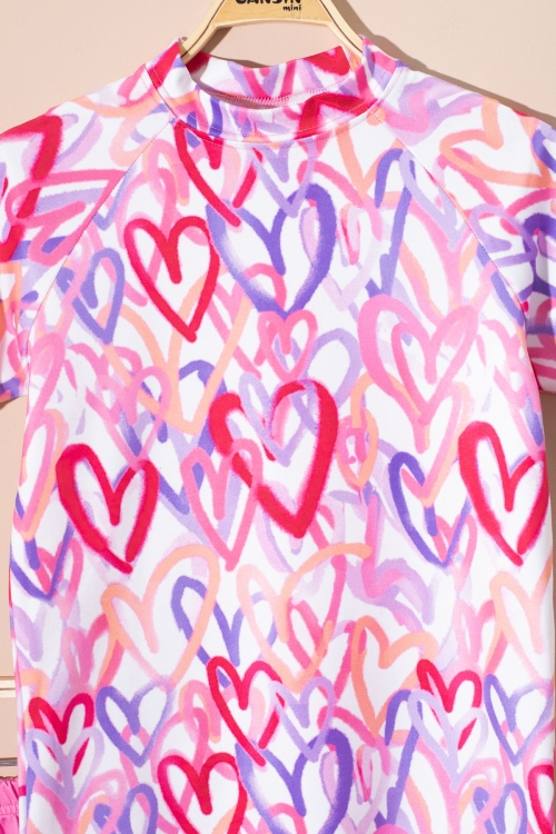 Pembe Kalp Desenli Kısa Kollu Kız Çocuk 2li Mayo Takımı 21073