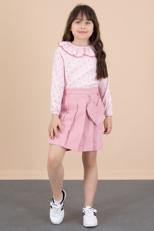 Pembe Kalp Desenli Müslin Gömlekli Kız Çocuk Şort  Etekli 2li Takım 20675