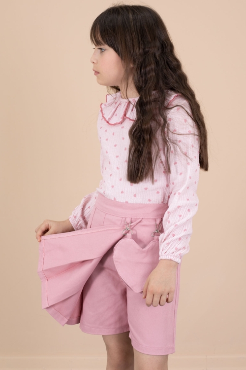 Pembe Kalp Desenli Müslin Gömlekli Kız Çocuk Şort  Etekli 2li Takım 20675