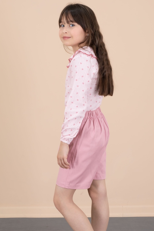 Pembe Kalp Desenli Müslin Gömlekli Kız Çocuk Şort  Etekli 2li Takım 20675
