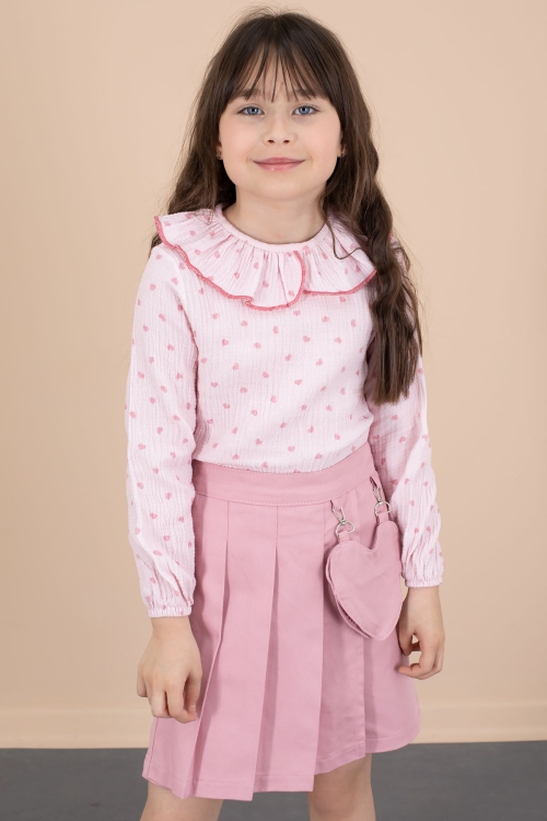 Pembe Kalp Desenli Müslin Gömlekli Kız Çocuk Şort  Etekli 2li Takım 20675