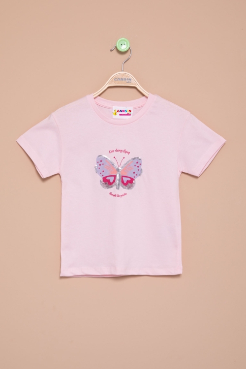 Pembe Kelebek Baskılı Payetli Kız Çocuk Tişört 20998