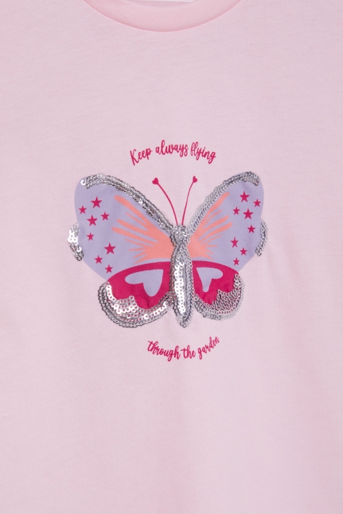 Pembe Kelebek Baskılı Payetli Kız Çocuk Tişört 20998