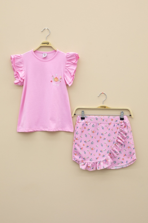 Pembe Kolları Fırfırlı Çiçek Desenli Şort Etekli 2li Takım 20716