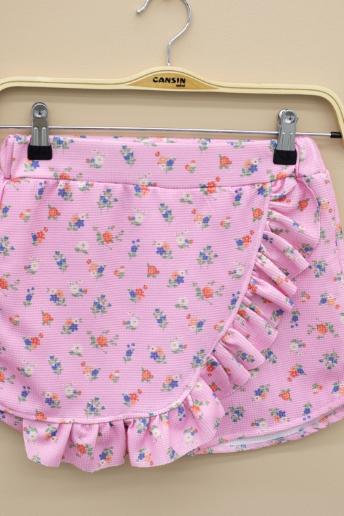 Pembe Kolları Fırfırlı Çiçek Desenli Şort Etekli 2li Takım 20716