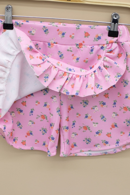 Pembe Kolları Fırfırlı Çiçek Desenli Şort Etekli 2li Takım 20716
