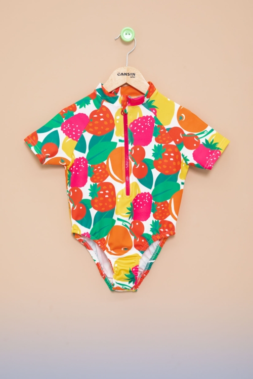 Pembe Meyve Desenli Fermuar Kapamalı Kısa Kol Kız Çocuk Mayo 21133