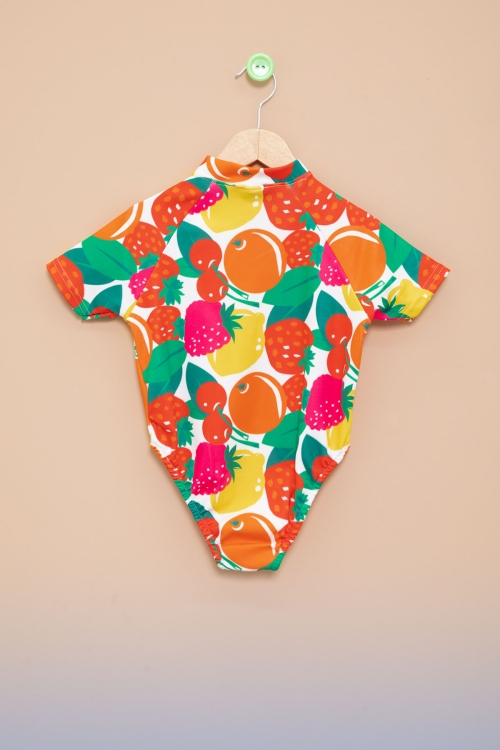 Pembe Meyve Desenli Fermuar Kapamalı Kısa Kol Kız Çocuk Mayo 21133