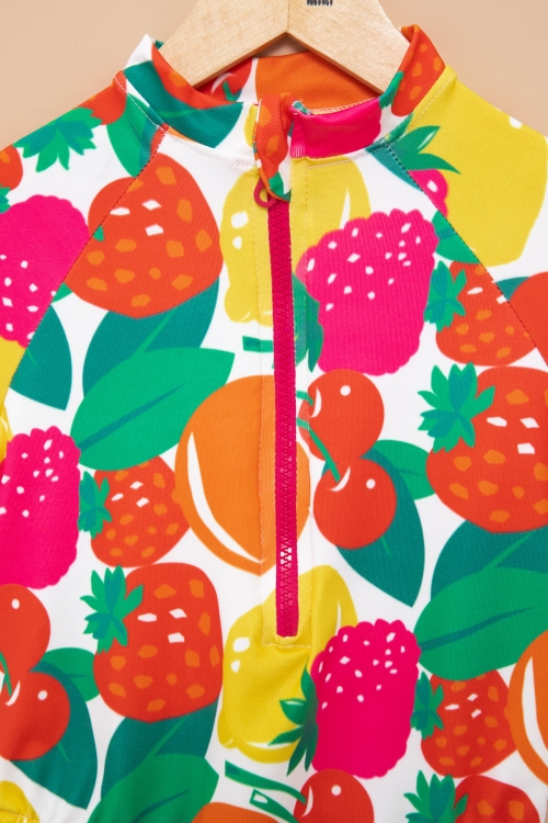 Pembe Meyve Desenli Fermuar Kapamalı Kısa Kol Kız Çocuk Mayo 21133