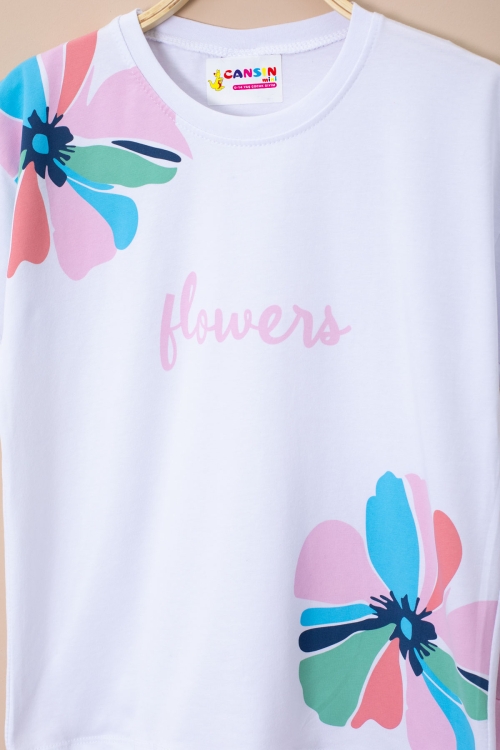 Pembe Omzu Çiçek Baskılı Tİşörtlü Şortlu Kız Çocuk 2li Takım 21066