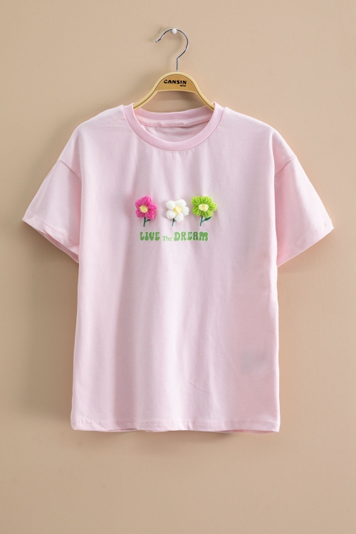 Pembe Papatya Nakışlı Bisiklet Yaka Kız Çocuk Tişört 20985