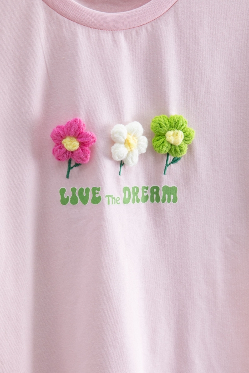 Pembe Papatya Nakışlı Bisiklet Yaka Kız Çocuk Tişört 20985