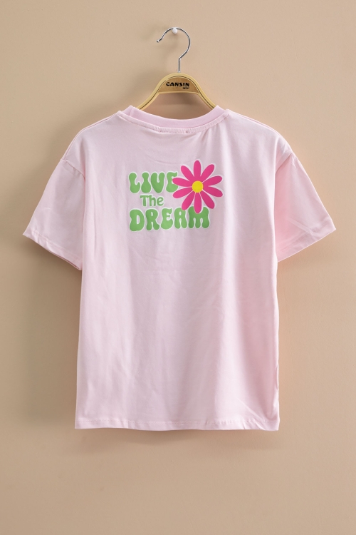 Pembe Papatya Nakışlı Bisiklet Yaka Kız Çocuk Tişört 20985