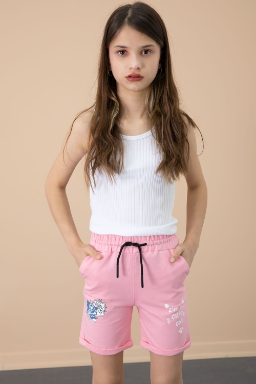 Pembe Patili Cute Baskılı Kız Çocuk Beli Lastikli Şort 20759