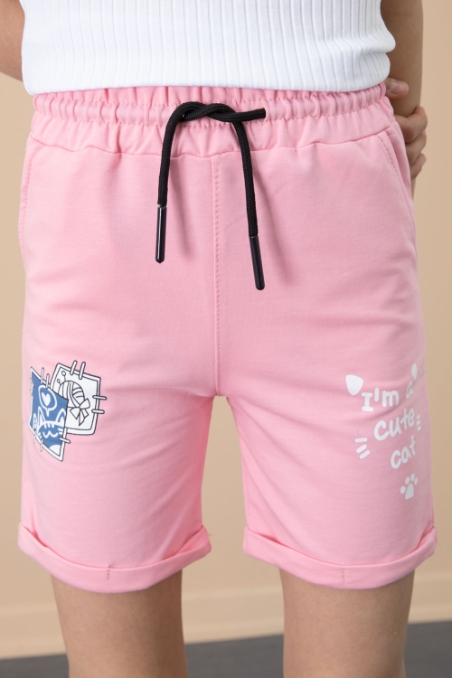 Pembe Patili Cute Baskılı Kız Çocuk Beli Lastikli Şort 20759