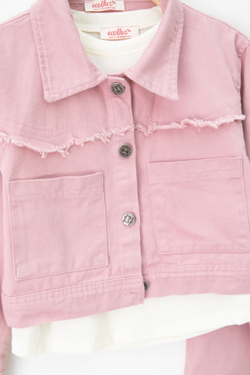Pembe Püsküllü Jean Ceketli ve Pantolonlu Kız Çocuk Badili 3lü Takım 20695