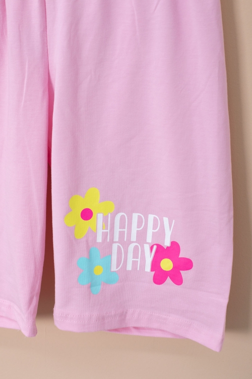 Pembe Renkli Çiçek Baskılı Tİşörtlü ve Şortlu Kız Çocuk 2li Takım 21064