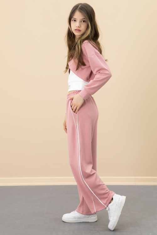 Pembe Şerit Detaylı Geniş Paça Croplu Kız Çocuk 3lü Takım 20705