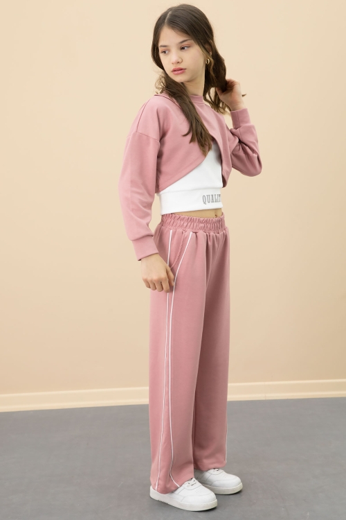 Pembe Şerit Detaylı Geniş Paça Croplu Kız Çocuk 3lü Takım 20705