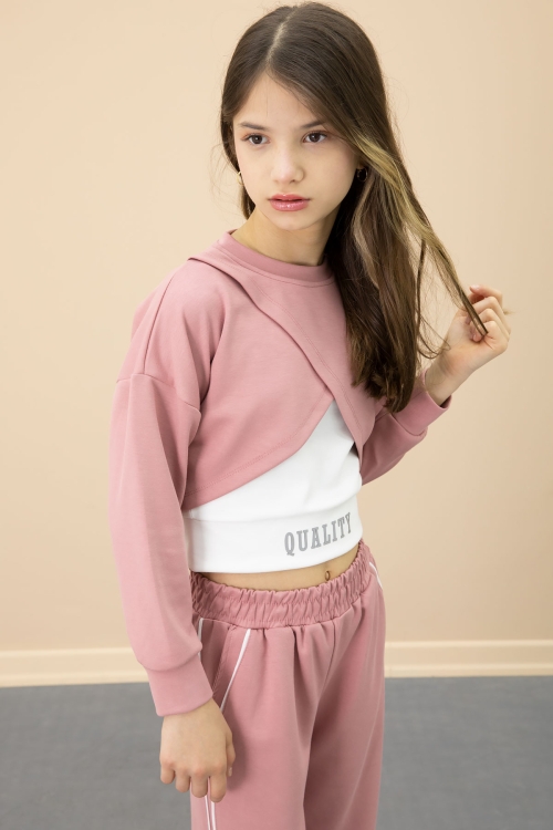 Pembe Şerit Detaylı Geniş Paça Croplu Kız Çocuk 3lü Takım 20705