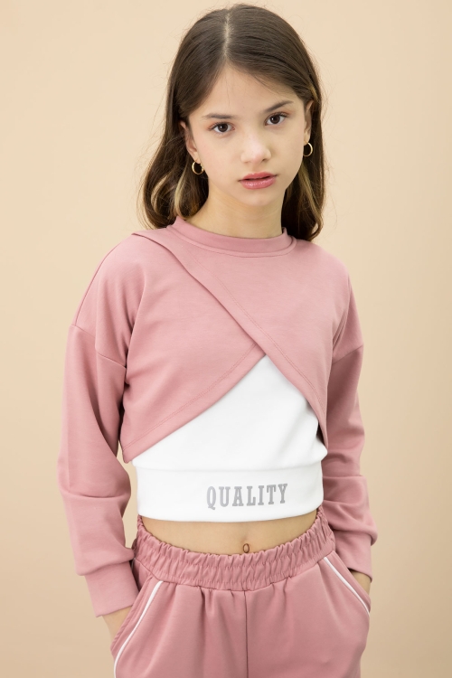 Pembe Şerit Detaylı Geniş Paça Croplu Kız Çocuk 3lü Takım 20705