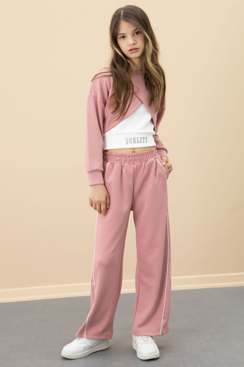 Pembe Şerit Detaylı Geniş Paça Croplu Kız Çocuk 3lü Takım 20705