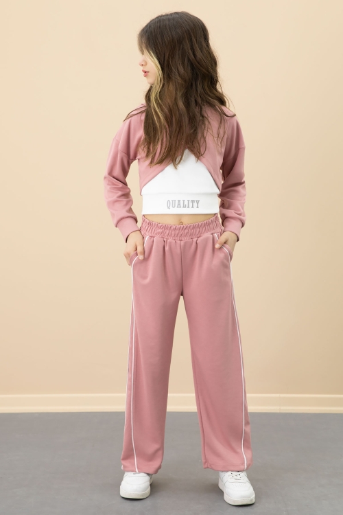 Pembe Şerit Detaylı Geniş Paça Croplu Kız Çocuk 3lü Takım 20705
