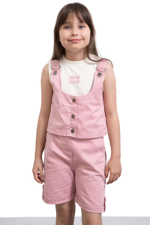 Pembe Sıfır Kol Badili Düğmeli Yelekli Kız Çocuk 3lü Şortlu Takım 21036