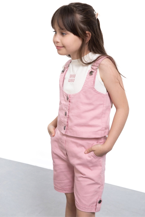 Pembe Sıfır Kol Badili Düğmeli Yelekli Kız Çocuk 3lü Şortlu Takım 21036