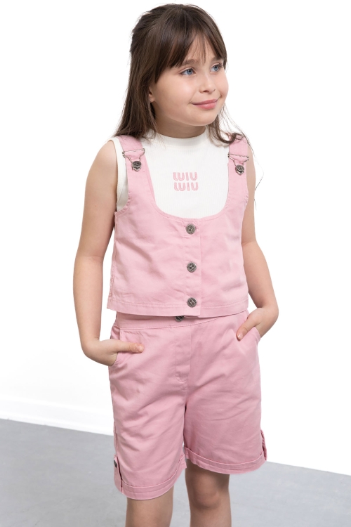 Pembe Sıfır Kol Badili Düğmeli Yelekli Kız Çocuk 3lü Şortlu Takım 21036