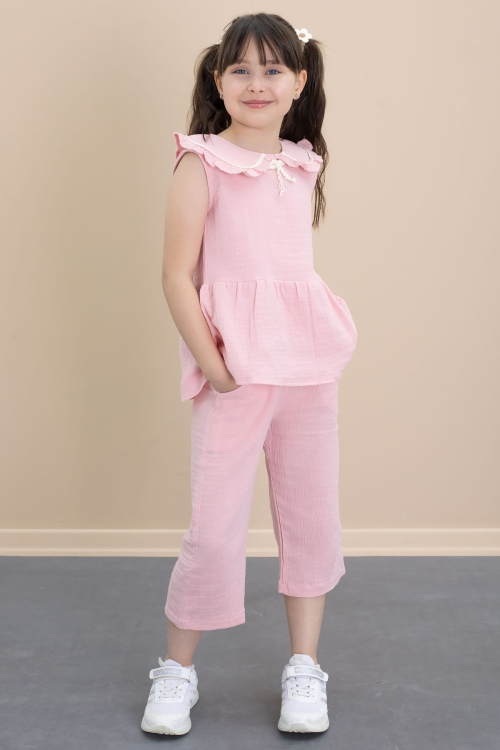 Pembe Sıfır Kol Bebe Yaka Bluzlu Pantolonlu Kız Çocuk 2li Takım 21028