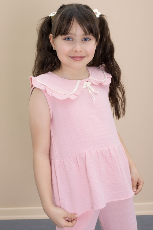 Pembe Sıfır Kol Bebe Yaka Bluzlu Pantolonlu Kız Çocuk 2li Takım 21028